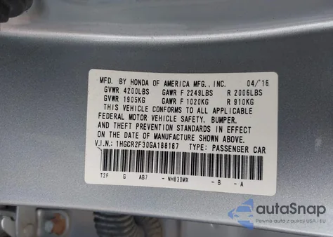 2016 Honda Accord Lx из США, поврежденный, VIN 1HGCR2F30GA188167